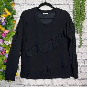 ||🌼3/$30🌼Anthropologie Pleione Black Crew Neckline Ruffle Sweater Size Medium
